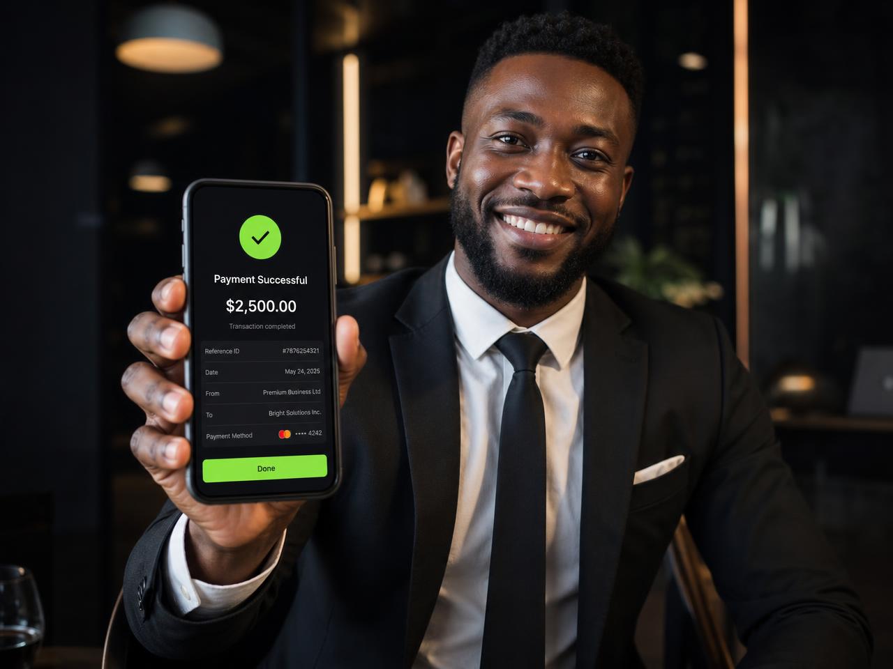 A happy GlobalHQ customer holding a phone showing a successful international payment